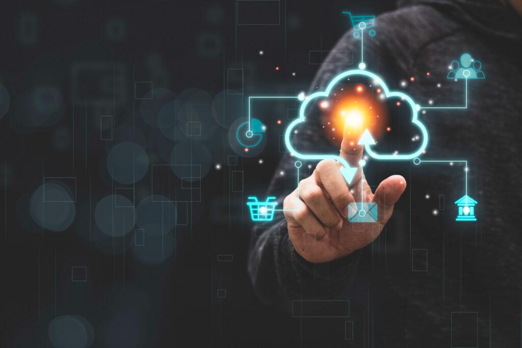 businessman touching virtual cloud