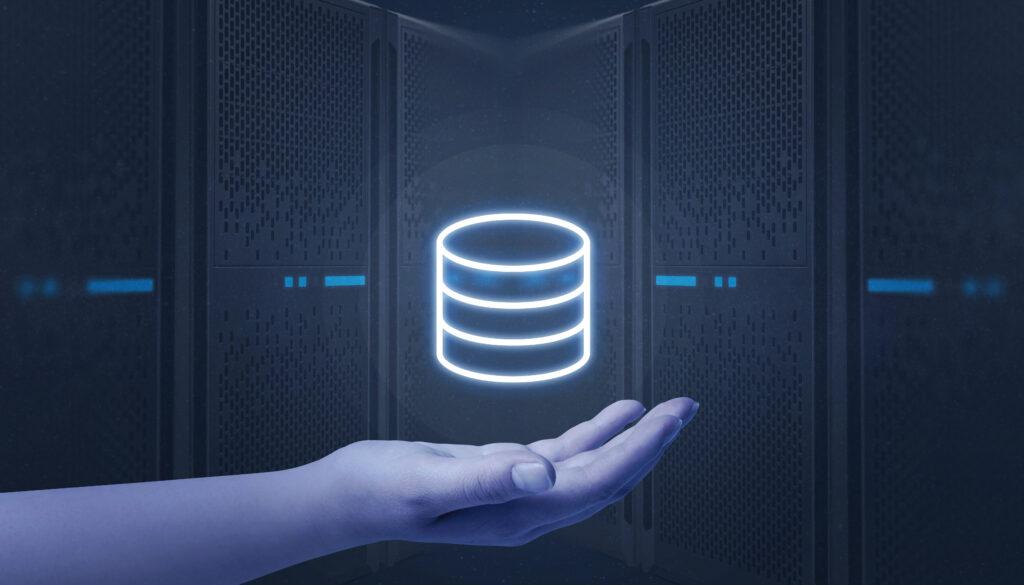 Hand holding server, data center icon.